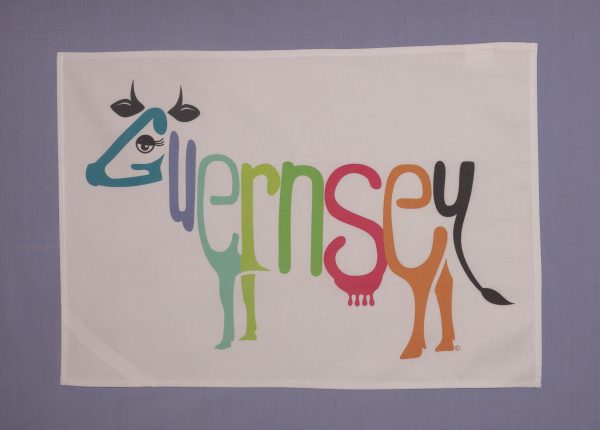 TEATOWEL GUERNSEY COW WORD