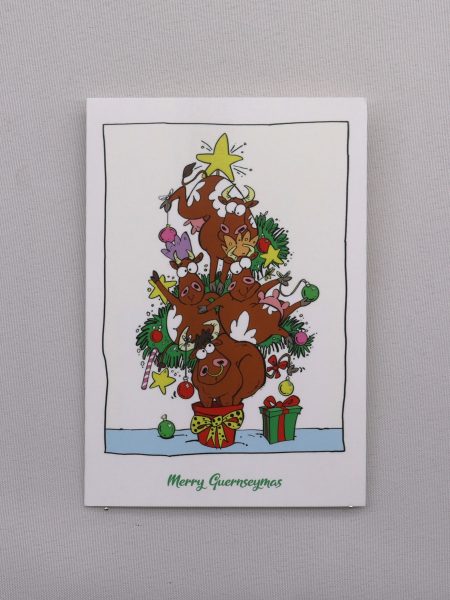 XMAS CARDS 5 x MERRY GUERNSEYMAS COWS TREE